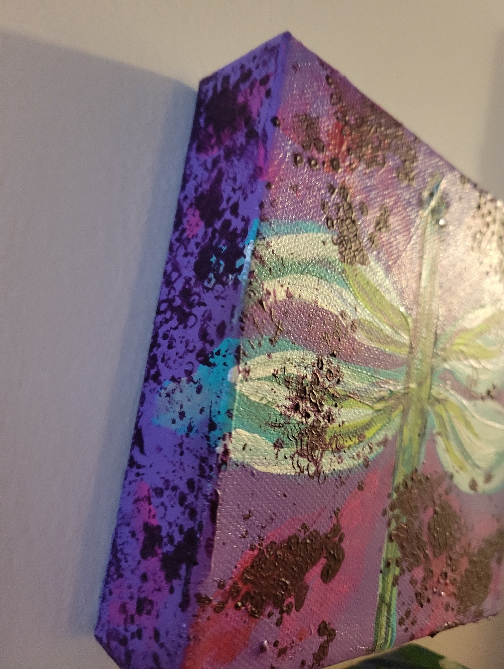Hand-Painted Purple & Teal "Dragonfly Visitor"  By Brea Marie 6in X 6im - Picture 5 of 6
